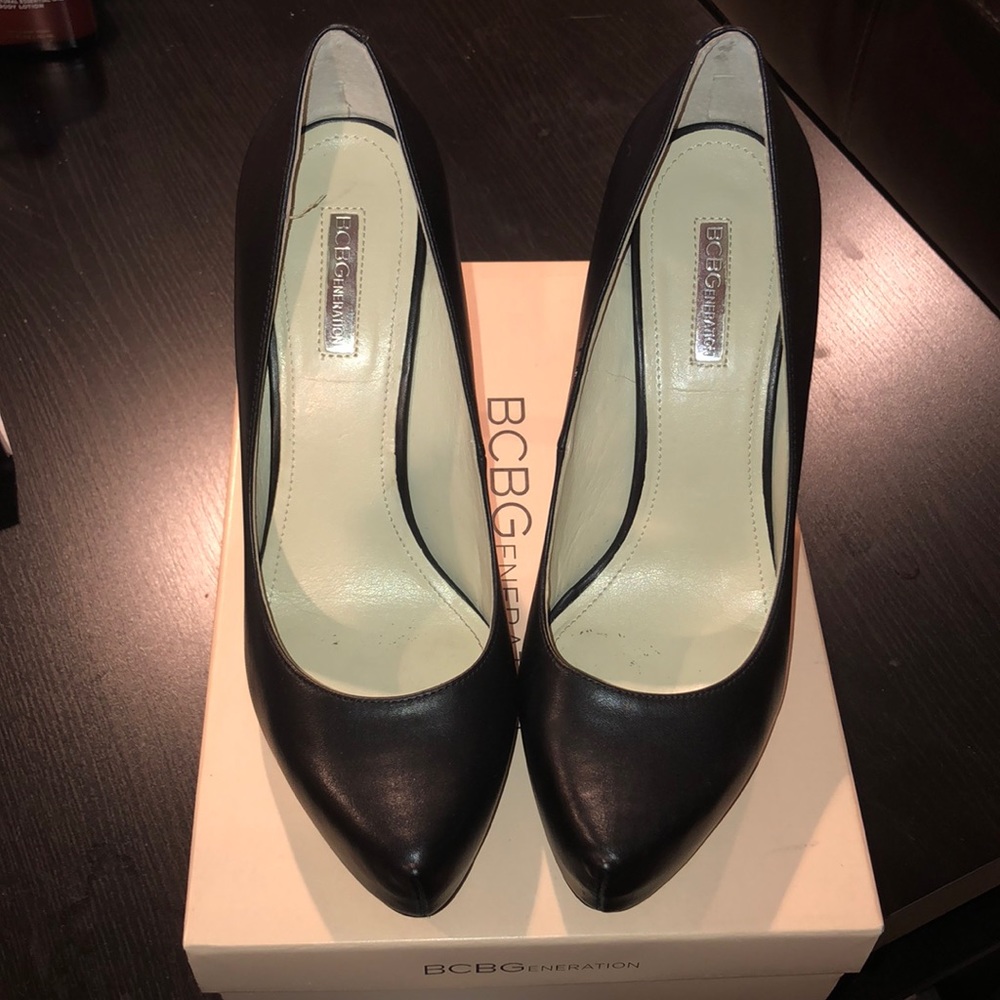 Black Leather Platform Heels. BCBG